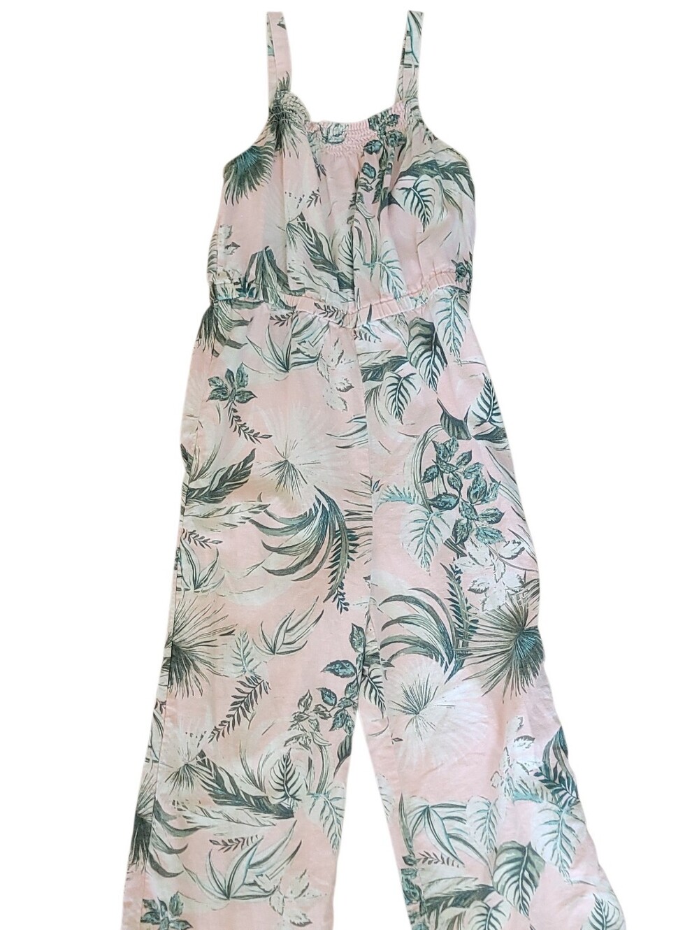 Old Navy Girls Linen Green Tropical  Peach Pink Jumpsuit Sz Large (10-12)